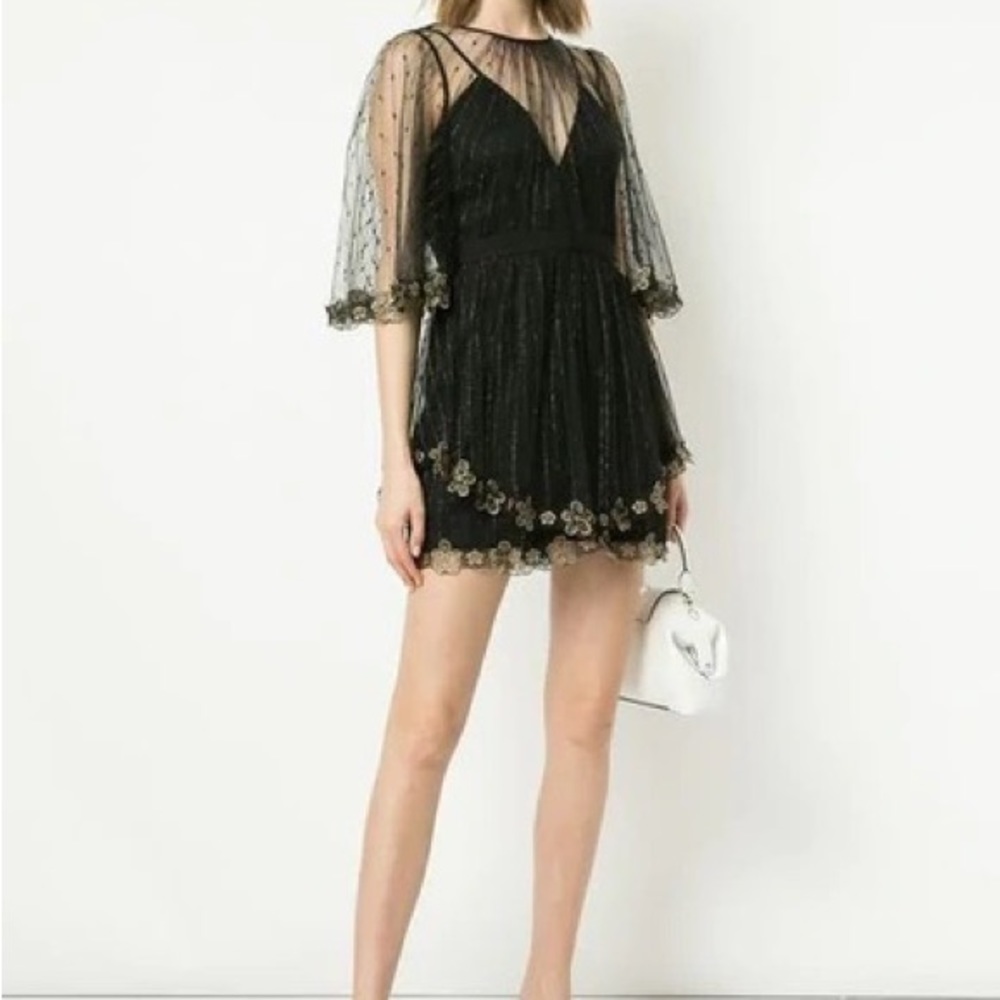 Alice McCall Closing Time Mini Dress Black and Gold Lace Floral Details